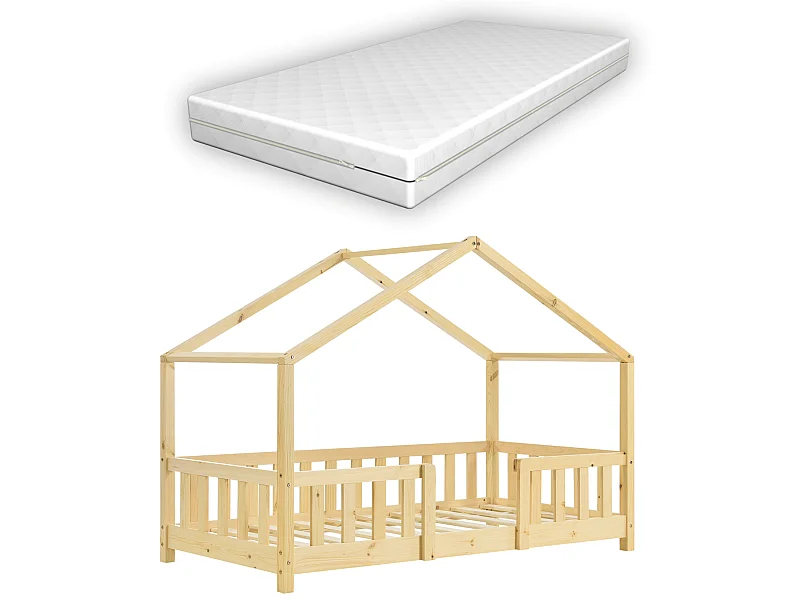 Lit D'enfant Treviolo Forme Maison Avec Matelas Orthopédique 140 X 70 Cm Bois Naturel