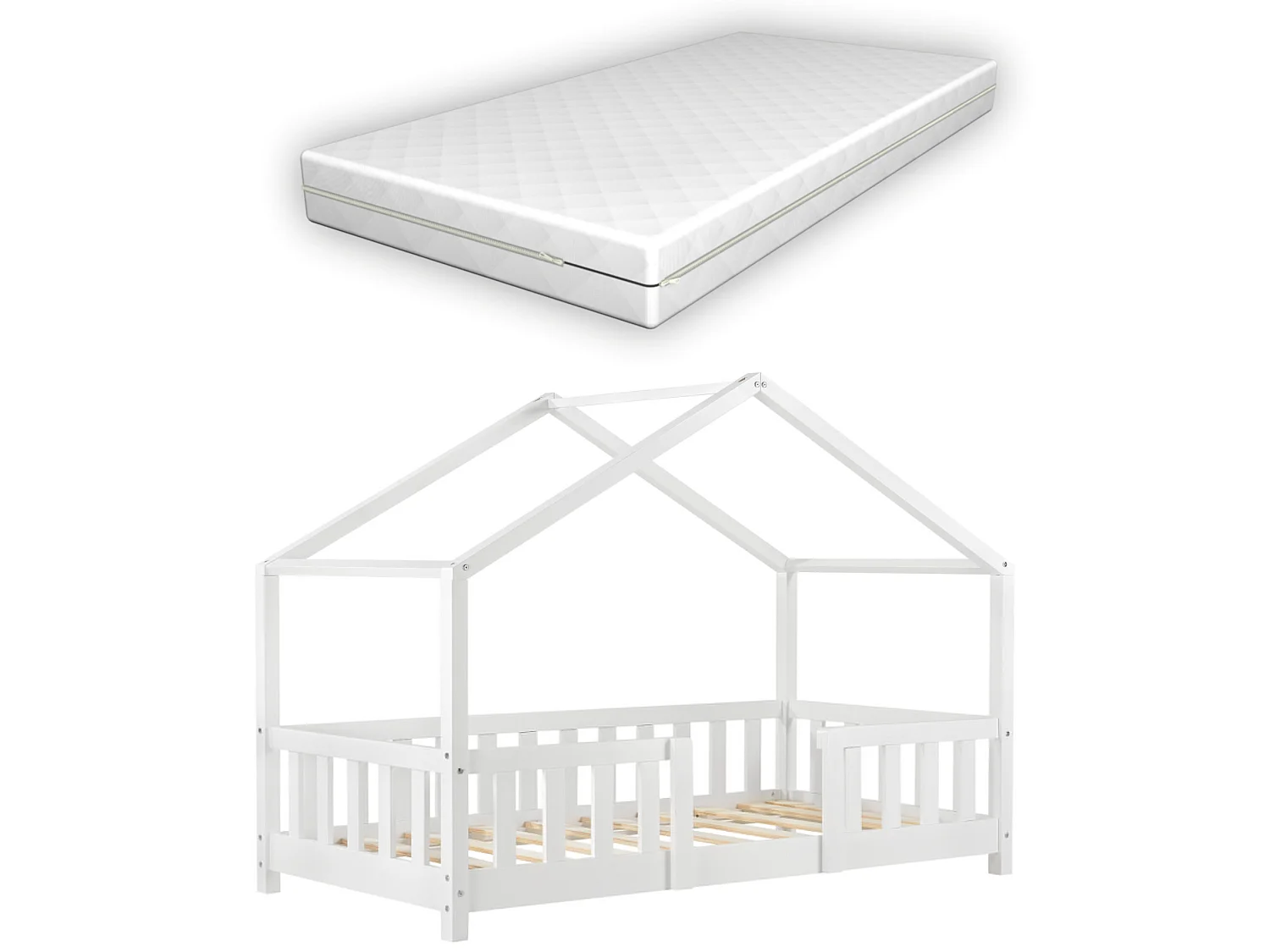 Lit D'enfant Treviolo Forme Maison Avec Matelas Orthopédique 160 X 80 Cm Blanc