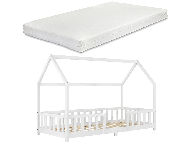 Lit D'enfant Forme Maison Sisimiut Avec Matelas À Mousse À Froid 200X90 Cm Blanc