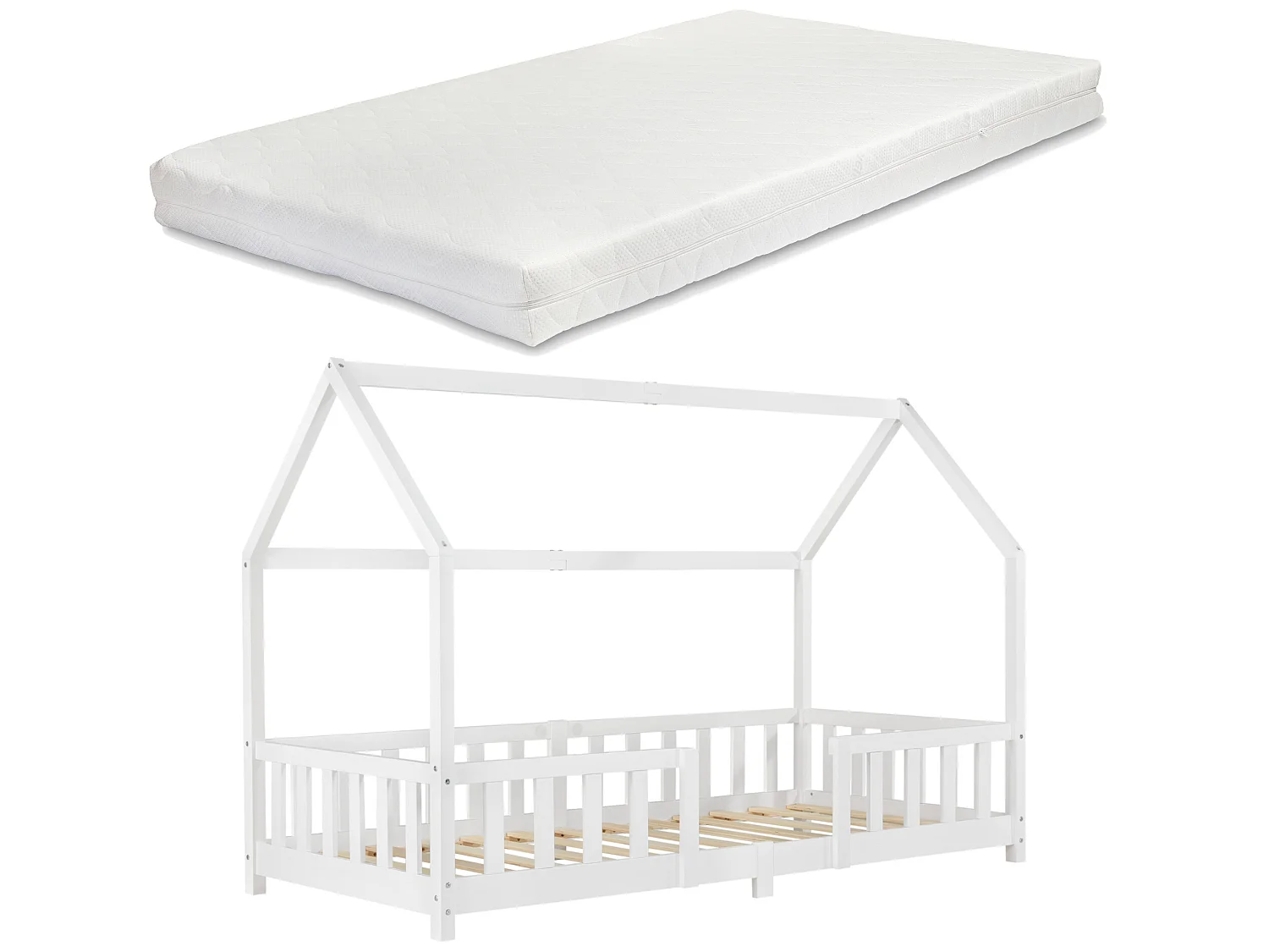 Lit D'enfant Forme Maison Sisimiut Avec Matelas À Mousse À Froid 200X90 Cm Blanc