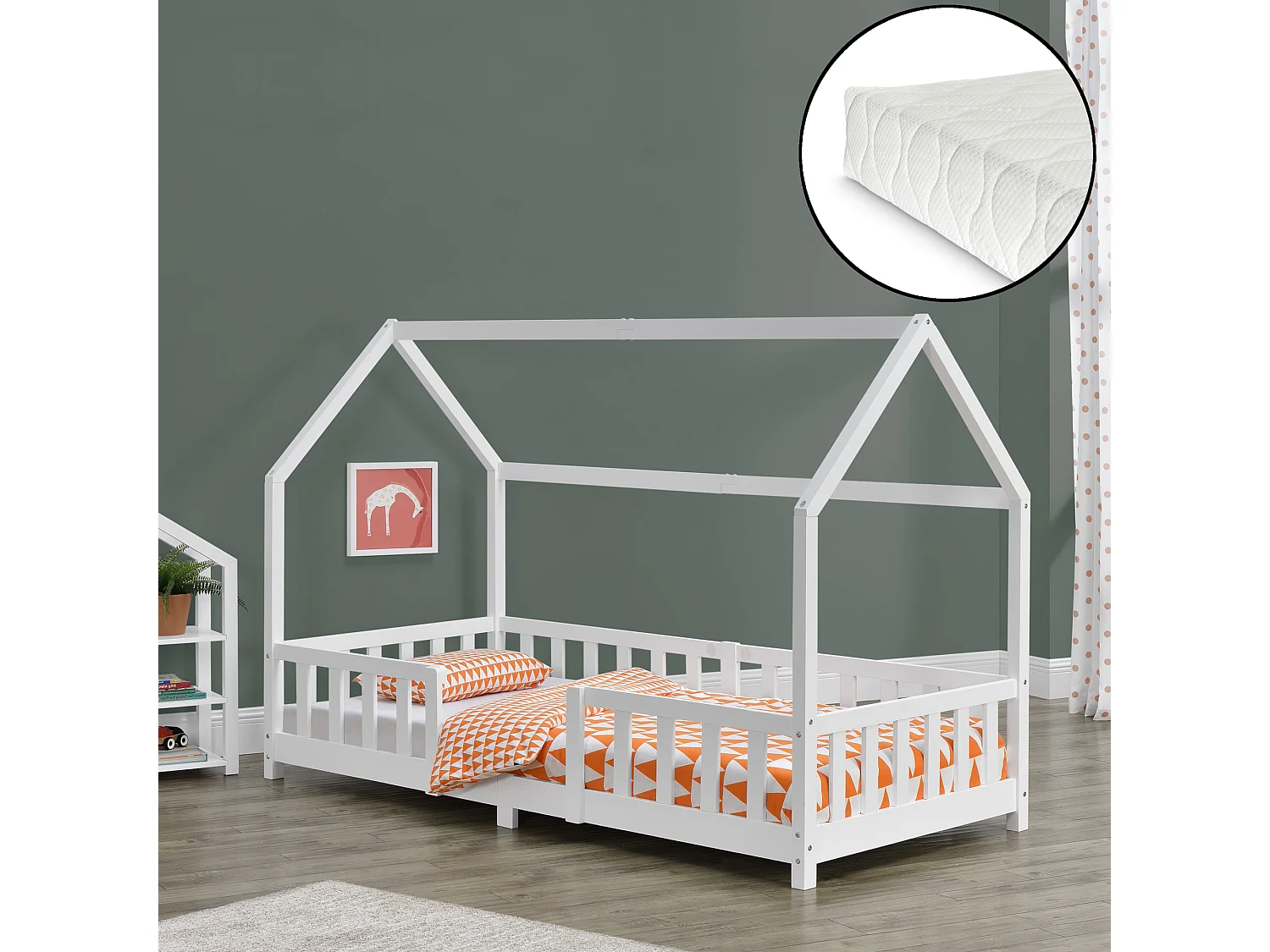 Lit D'enfant Forme Maison Sisimiut Avec Matelas À Mousse À Froid 200X90 Cm Blanc