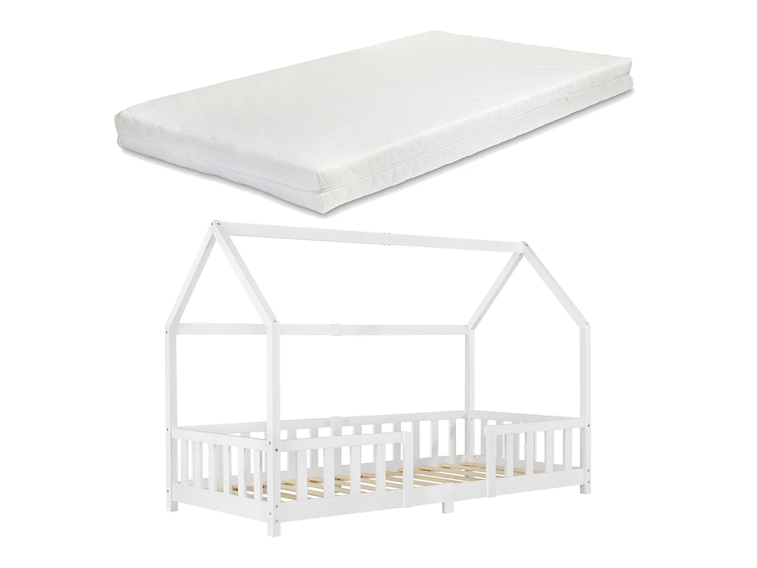 Lit D'enfant Forme Maison Sisimiut Avec Matelas À Mousse À Froid 200X90 Cm Blanc