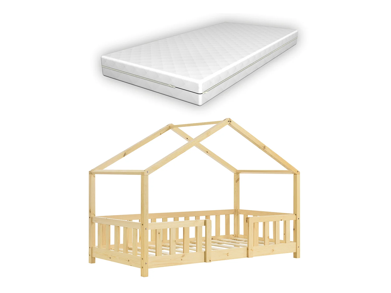 Lit D'enfant Treviolo Forme Maison Avec Matelas Orthopédique 160 X 80 Cm Bois Naturel
