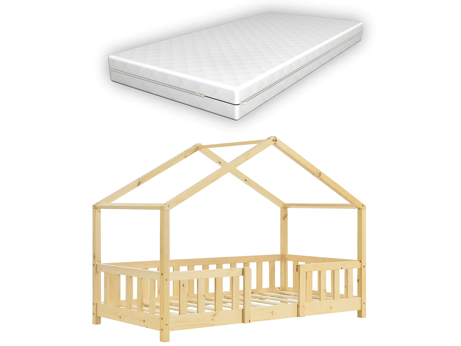 Lit D'enfant Treviolo Forme Maison Avec Matelas Orthopédique 160 X 80 Cm Bois Naturel