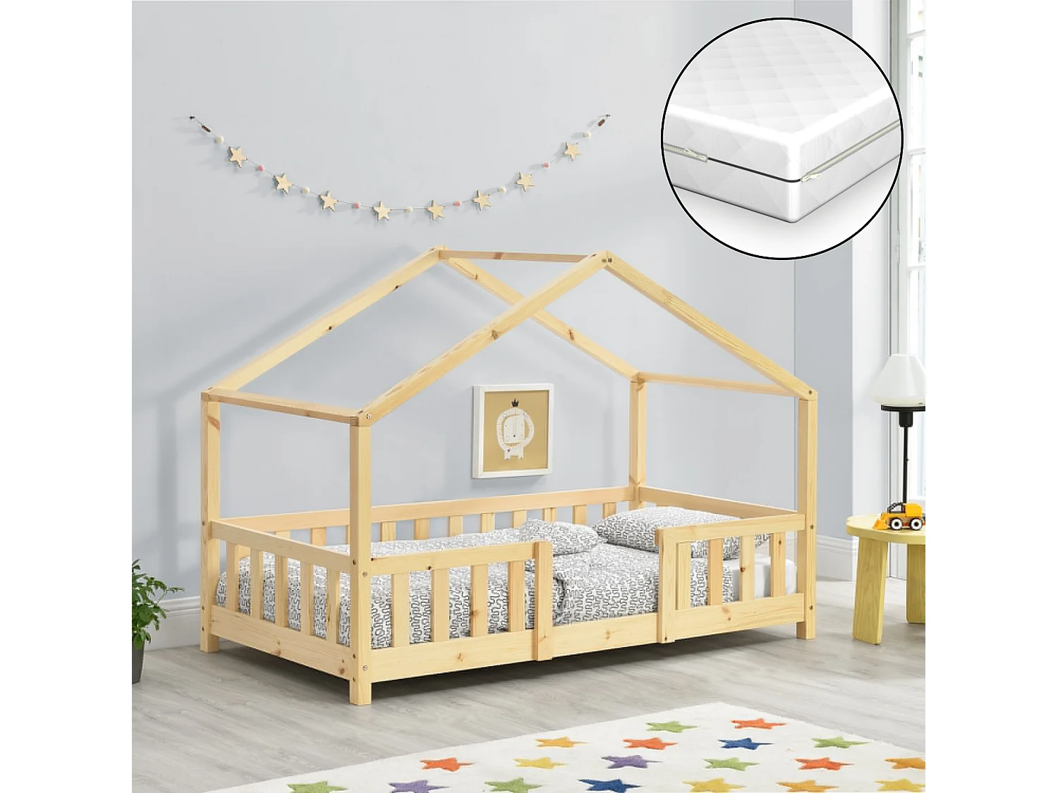 Lit D'enfant Treviolo Forme Maison Avec Matelas Orthopédique 160 X 80 Cm Bois Naturel