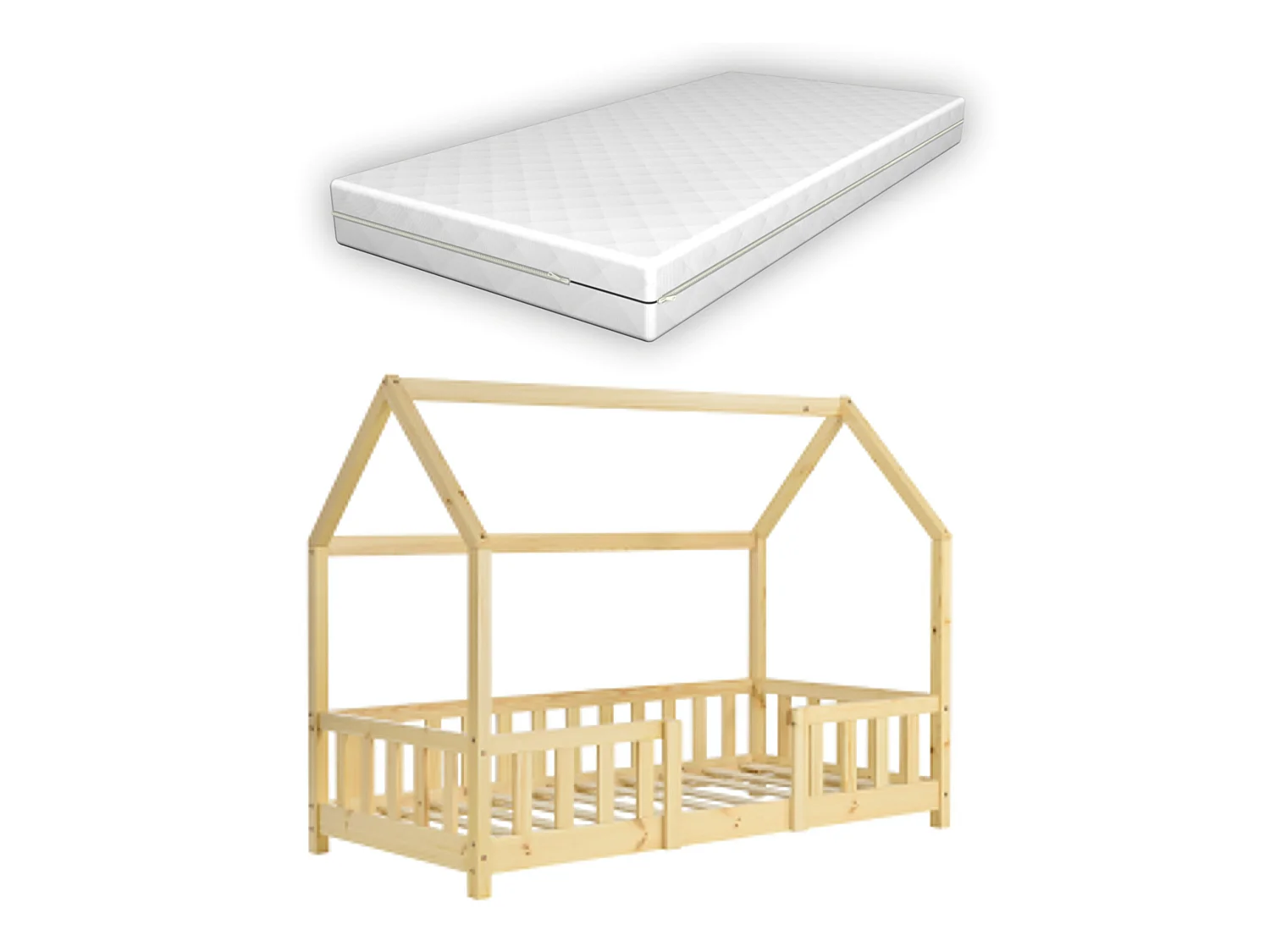 Lit D'enfant Forme Maison Sisimiut Avec Matelas Orthopédique 160X80 Cm Naturel