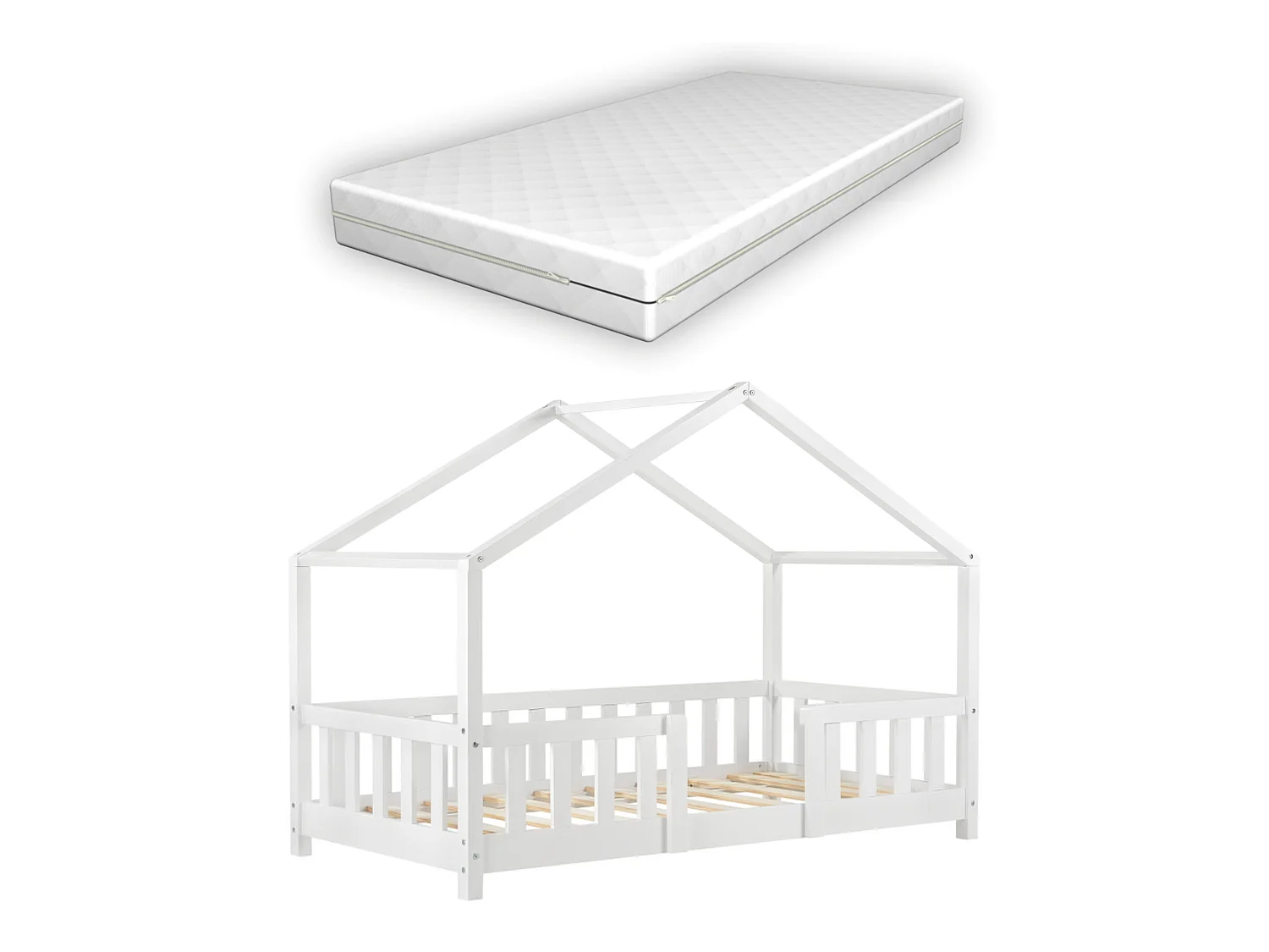 Lit D'enfant Treviolo Forme Maison Avec Matelas Orthopédique 140 X 70 Cm Blanc