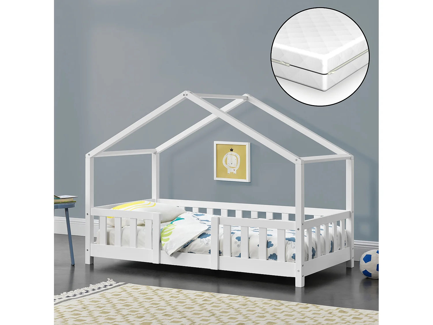 Lit D'enfant Treviolo Forme Maison Avec Matelas Orthopédique 140 X 70 Cm Blanc