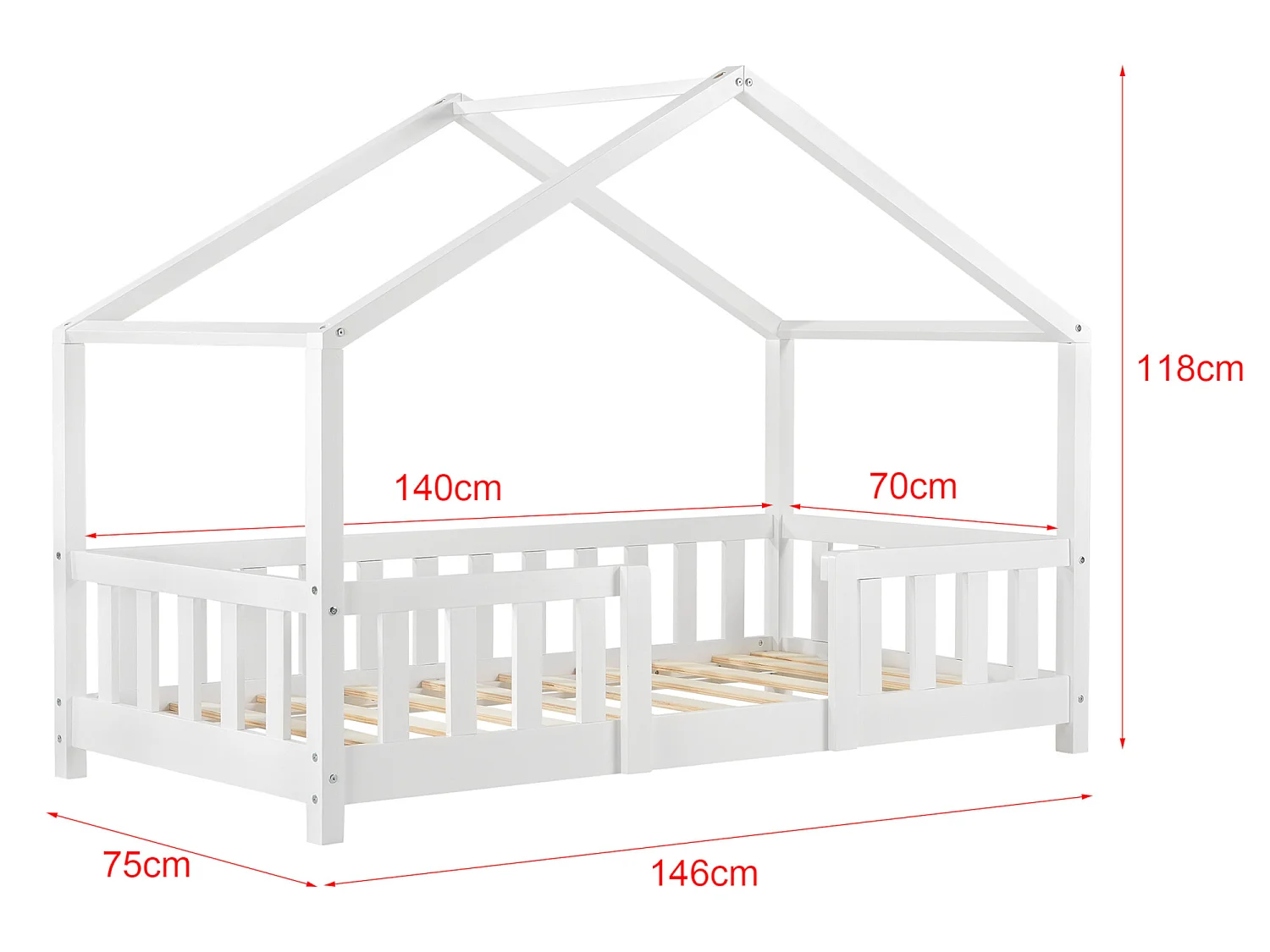 Lit D'enfant Treviolo Forme Maison Avec Matelas Orthopédique 140 X 70 Cm Blanc