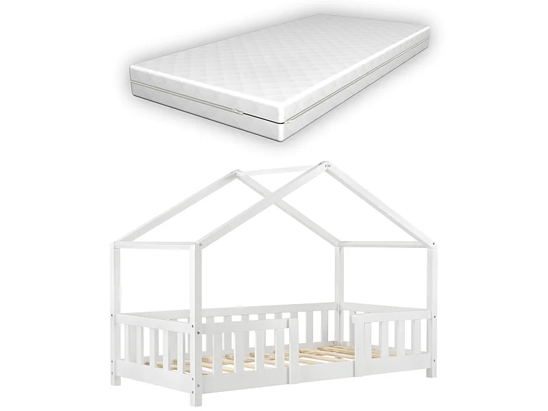 Lit D'enfant Treviolo Forme Maison Avec Matelas Orthopédique 140 X 70 Cm Blanc