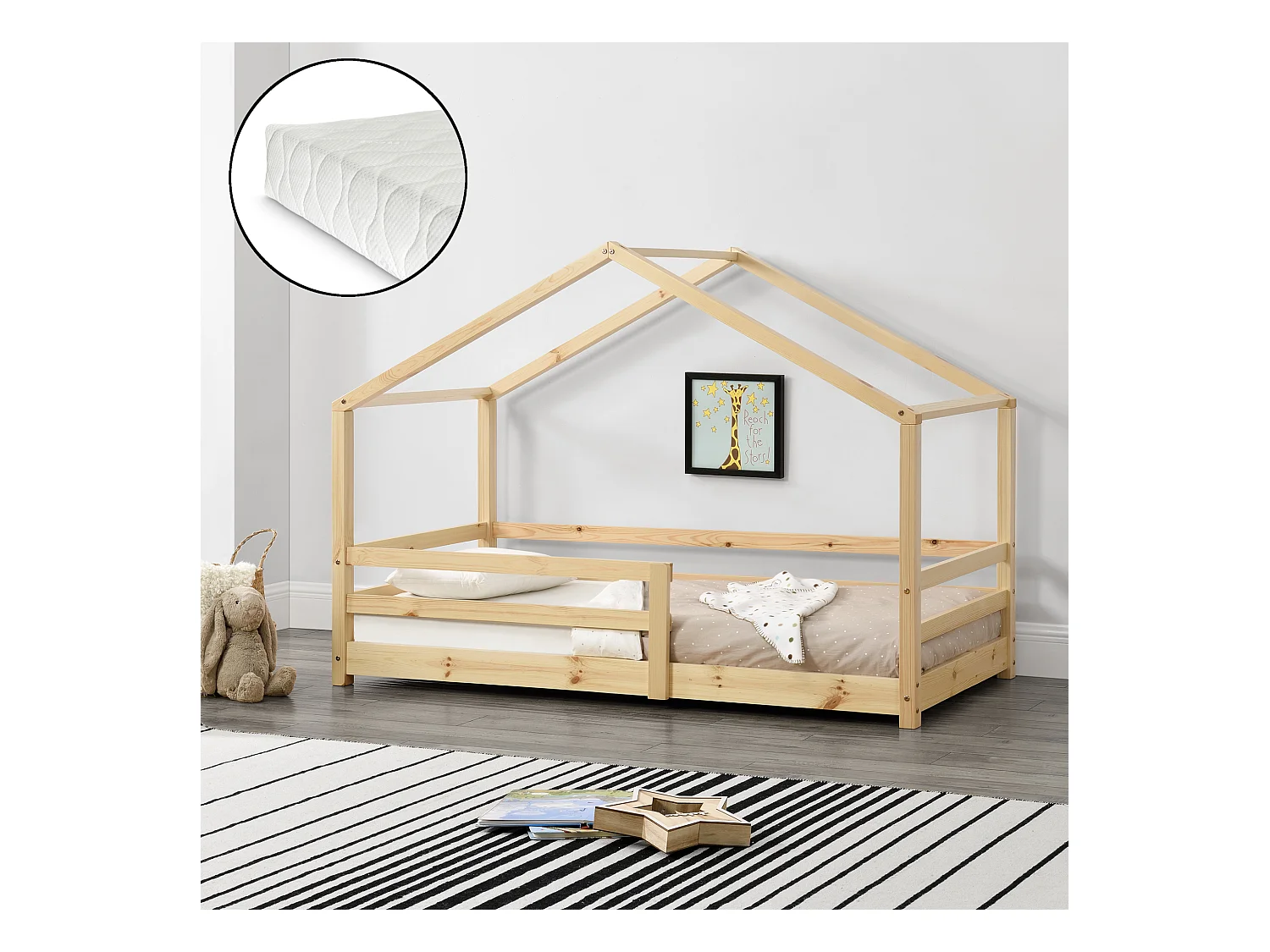 Lit Cabane Knätten Avec Grille De Protection Matelas Mousse À Froid 200X90Cm Naturel