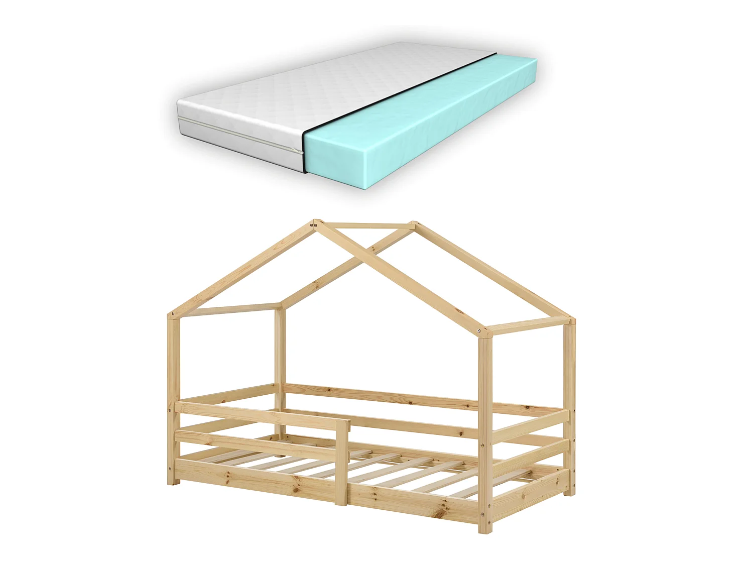 Lit Cabane Knätten Avec Grille De Protection Et Matelas Orthopédique 160X80Cm Naturel
