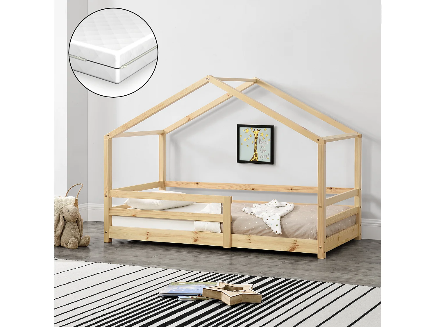 Lit Cabane Knätten Avec Grille De Protection Et Matelas Orthopédique 160X80Cm Naturel