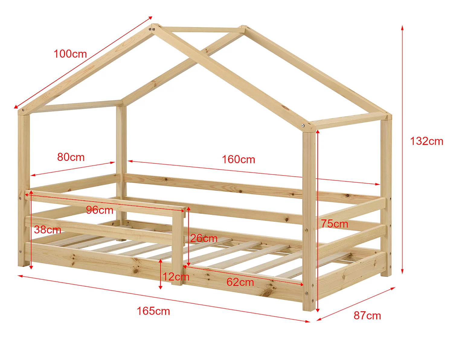 Lit Cabane Knätten Avec Grille De Protection Et Matelas Orthopédique 160X80Cm Naturel