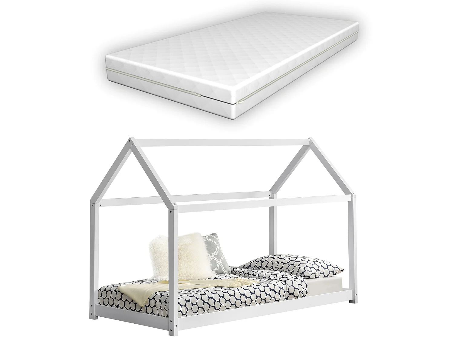 Lit Cabane Forme Maison Netstal Avec Matelas Orthopédique 140 X 70 Cm Blanc [en.casa]