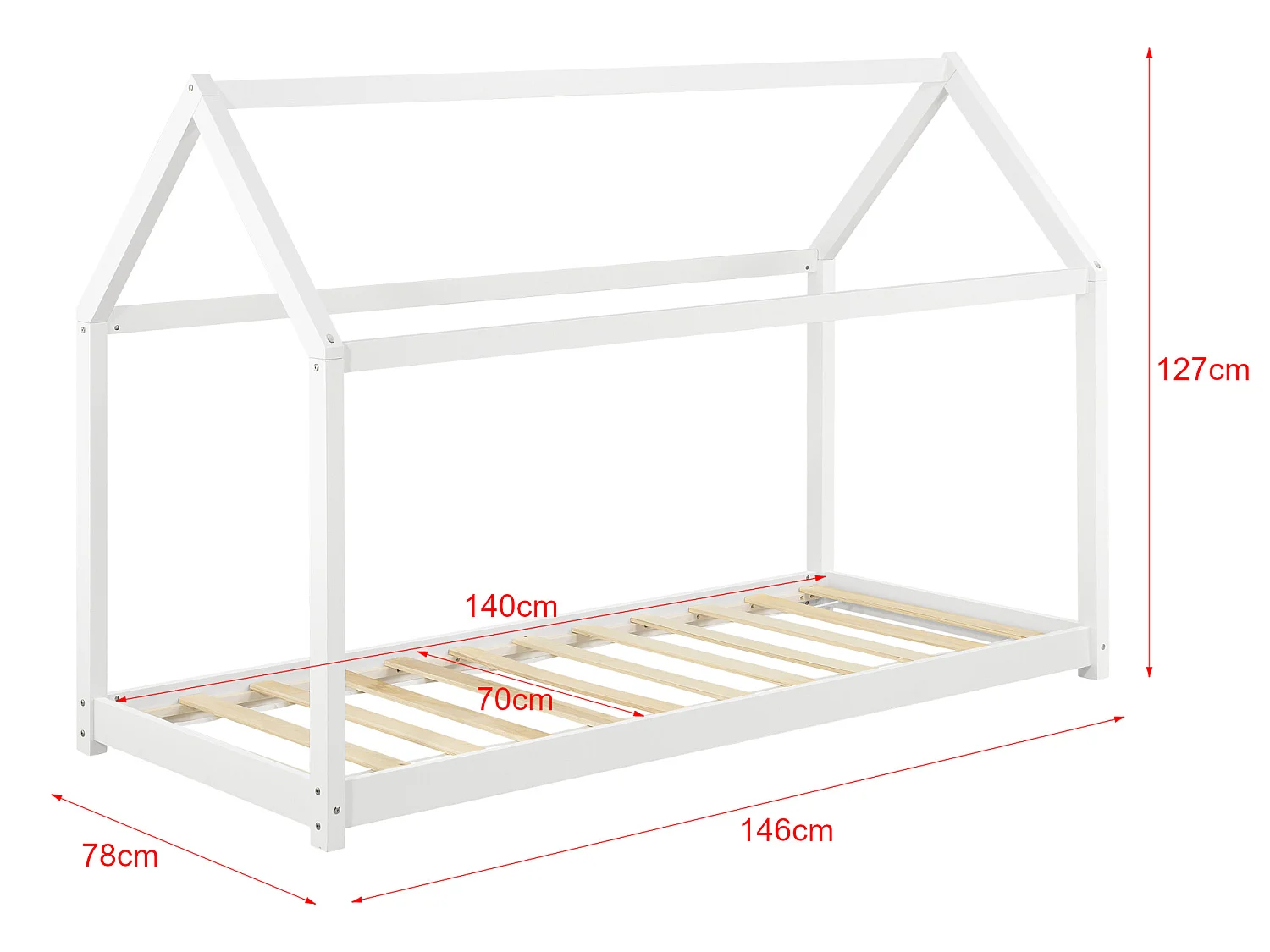 Lit Cabane Forme Maison Netstal Avec Matelas Orthopédique 140 X 70 Cm Blanc [en.casa]