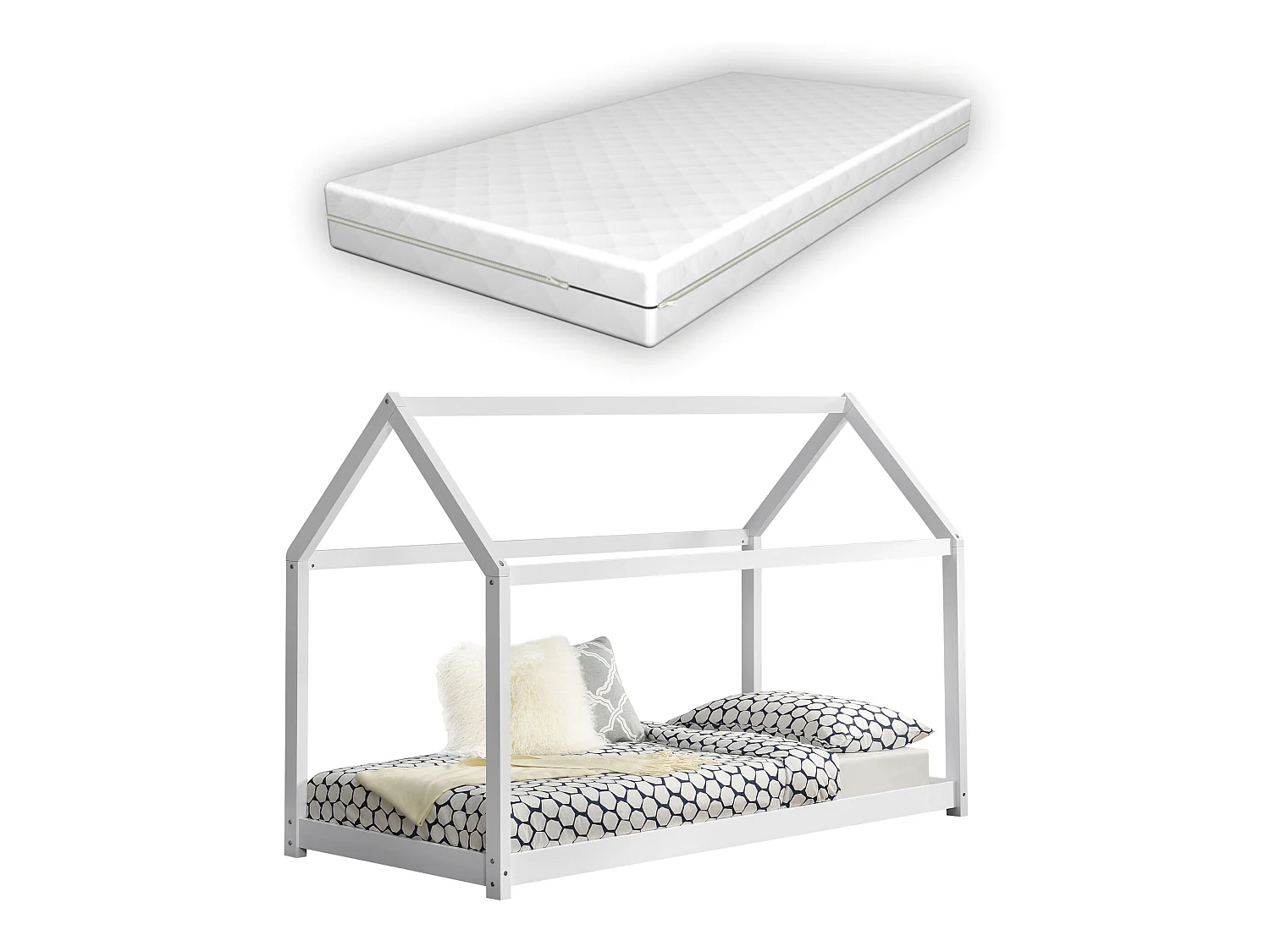 Lit Cabane Forme Maison Netstal Avec Matelas Orthopédique 140 X 70 Cm Blanc [en.casa]