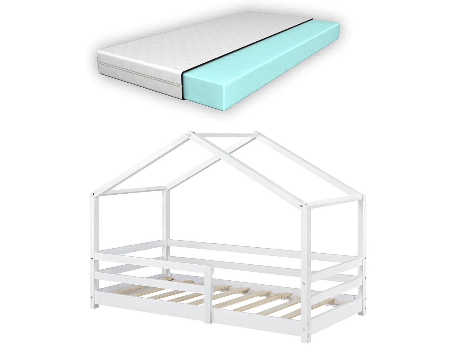 Lit Cabane Knätten Avec Grille De Protection Et Matelas Orthopédique 140X70Cm Blanc