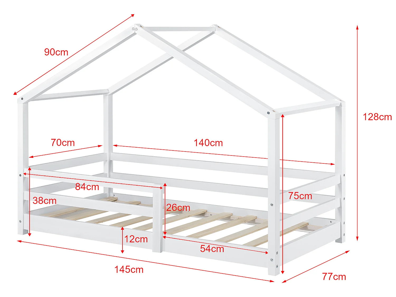 Lit Cabane Knätten Avec Grille De Protection Et Matelas Orthopédique 140X70Cm Blanc
