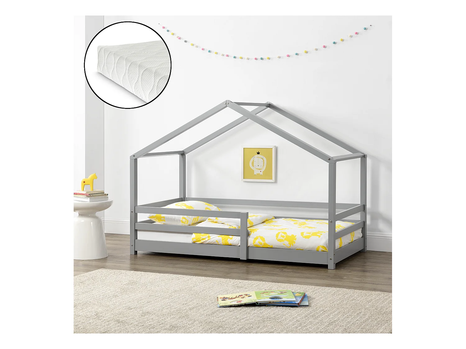Lit Cabane Knätten Avec Grille Protection Matelas Mousse À Froid 200X90Cm Gris Clair