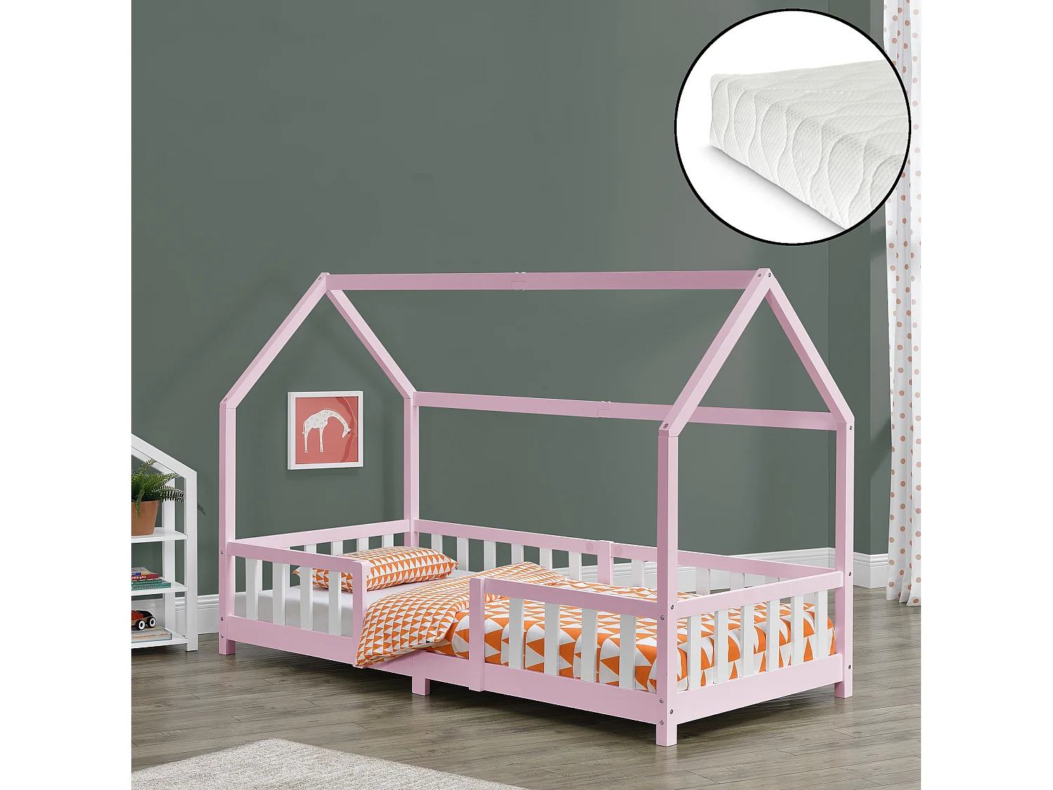 Lit D'enfant Forme Maison Sisimiut Avec Matelas À Mousse À Froid 200X90 Cm Rose Blanc