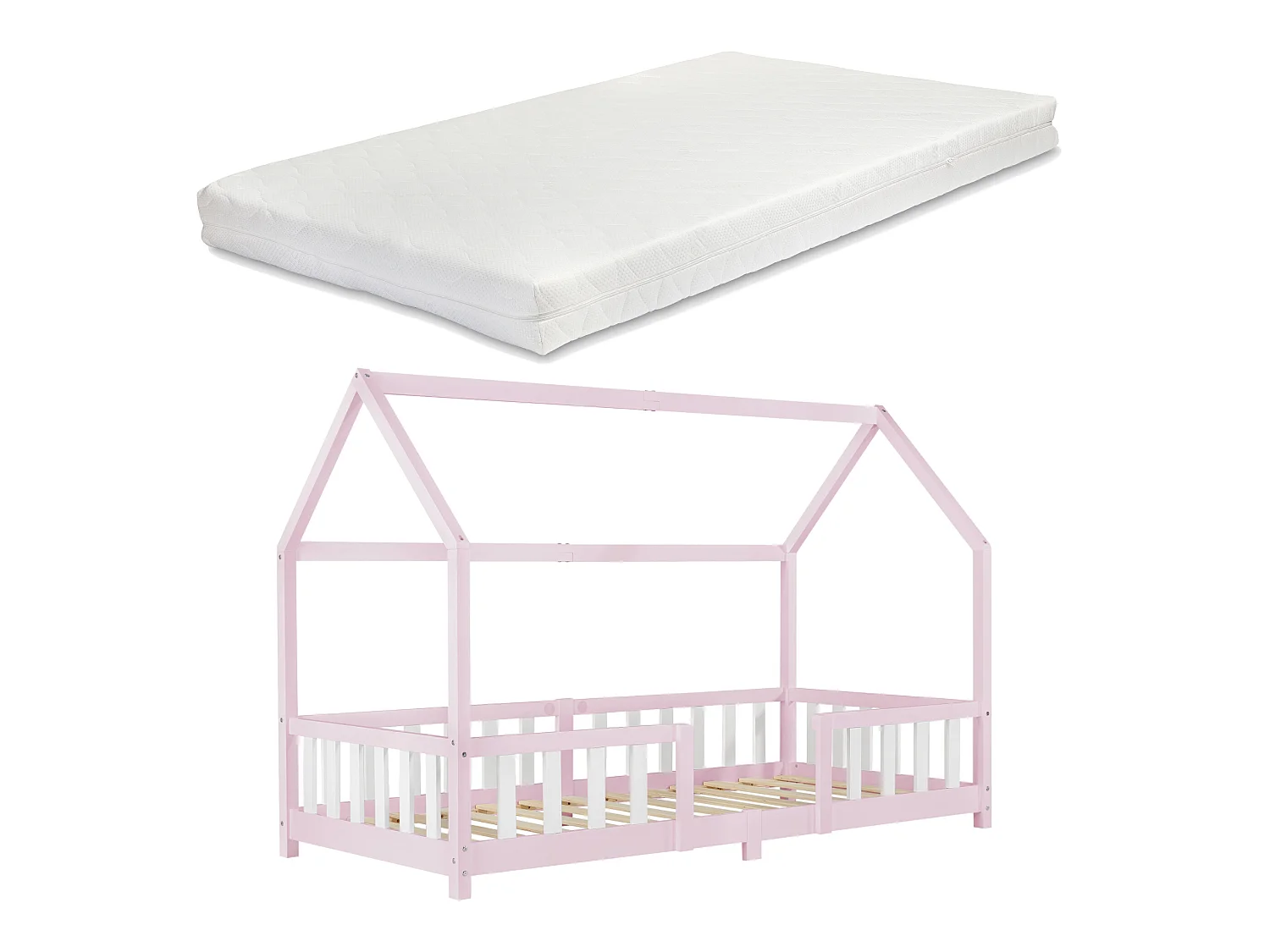 Lit D'enfant Forme Maison Sisimiut Avec Matelas À Mousse À Froid 200X90 Cm Rose Blanc
