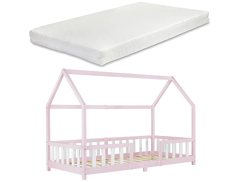 Lit D'enfant Forme Maison Sisimiut Avec Matelas À Mousse À Froid 200X90 Cm Rose Blanc