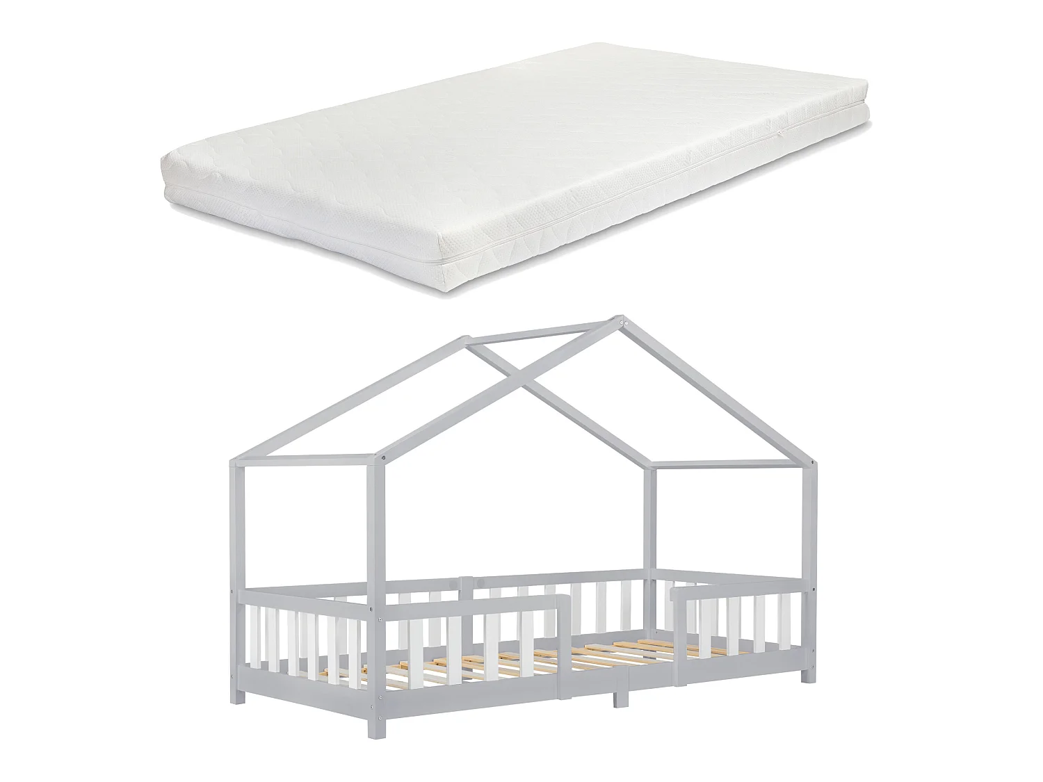 Lit D'enfant Treviolo Forme Maison Avec Matelas À Mousse À Froid 200X90 Cm Gris Blanc