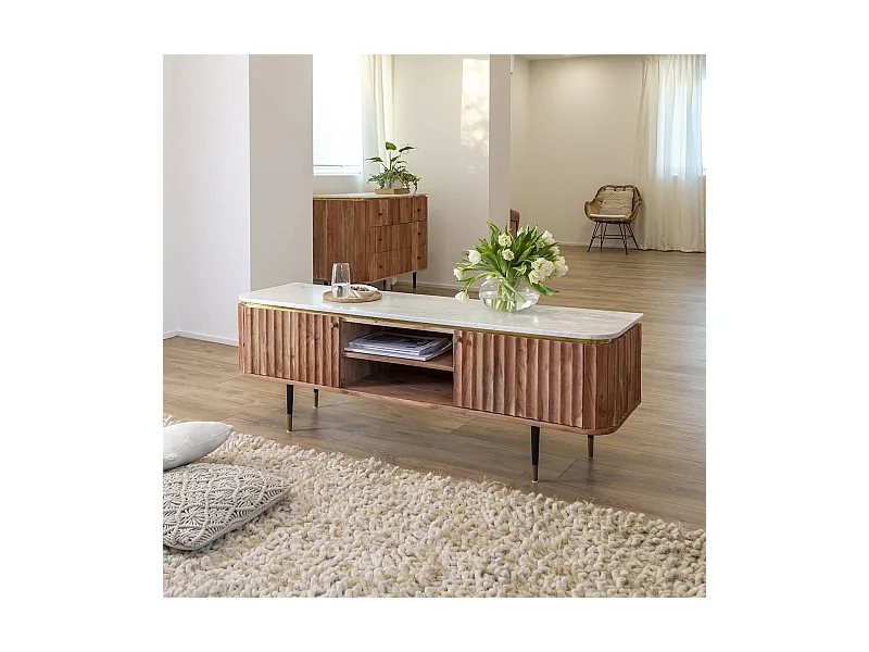 Mueble de TV contemporáneo de madera de acacia y mármol blanco Judith con almacenamiento