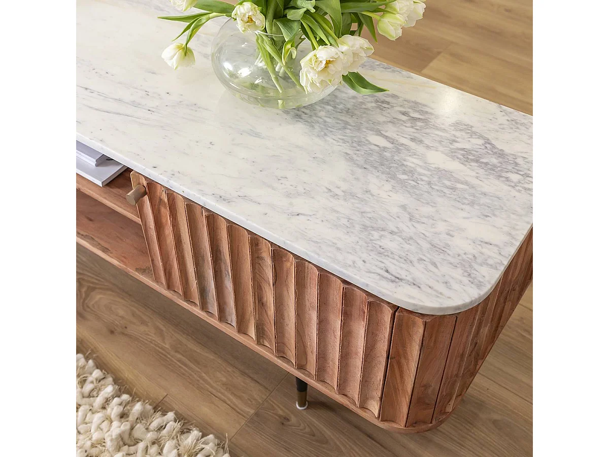 Meuble tv en bois d'acacia et marbre blanc Judith
