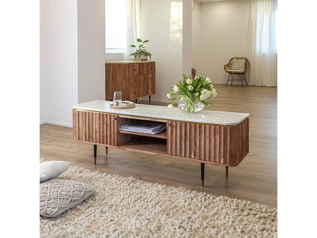 Mueble de TV contemporáneo de madera de acacia y mármol blanco Judith con almacenamiento