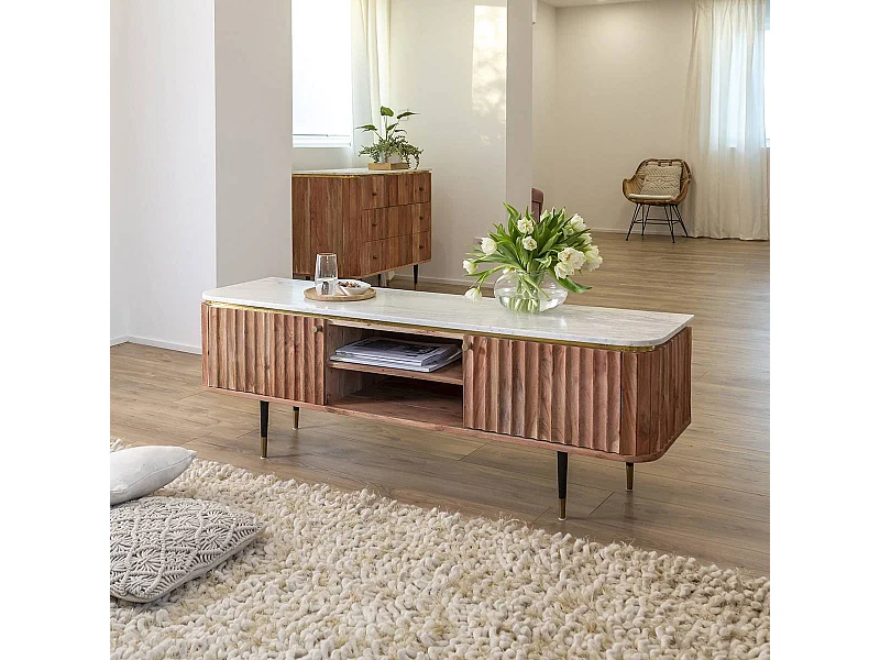 Mueble de TV contemporáneo de madera de acacia y mármol blanco Judith con almacenamiento