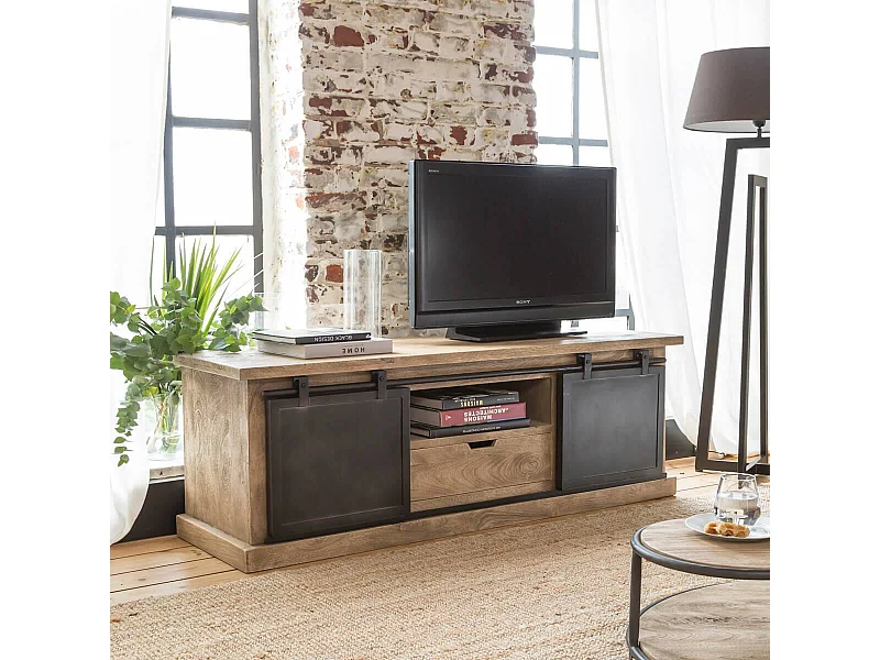Meuble TV en bois de manguier brossé et métal noir 150 cm Helsinki