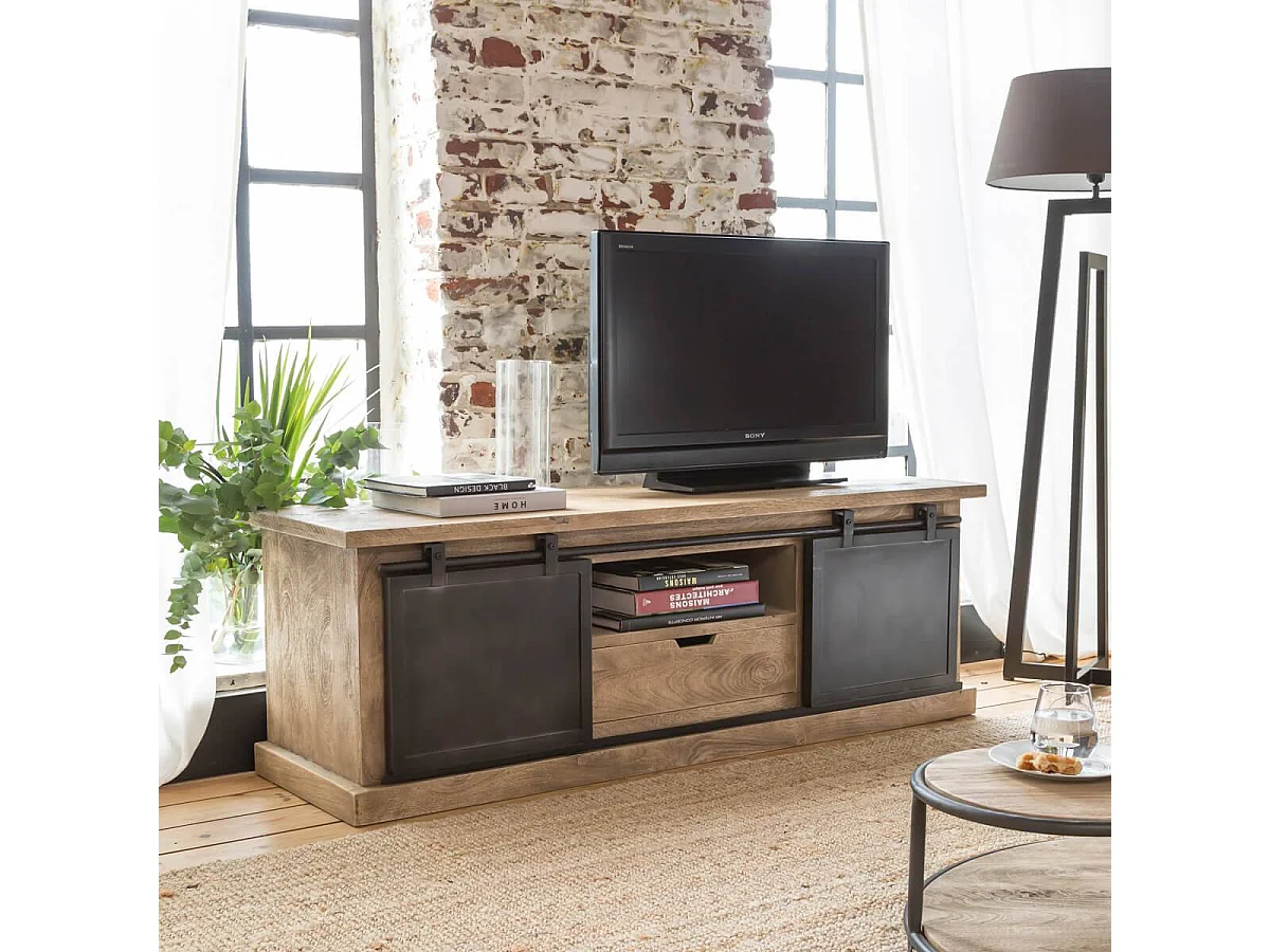 Meuble TV en bois de manguier brossé et métal noir 150 cm Helsinki