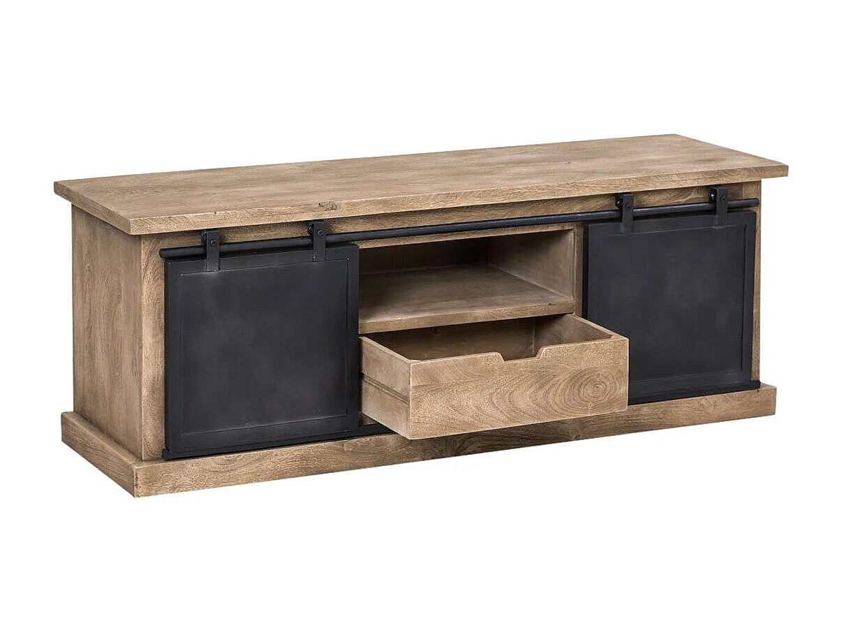 Meuble TV en bois de manguier brossé et métal noir 150 cm Helsinki