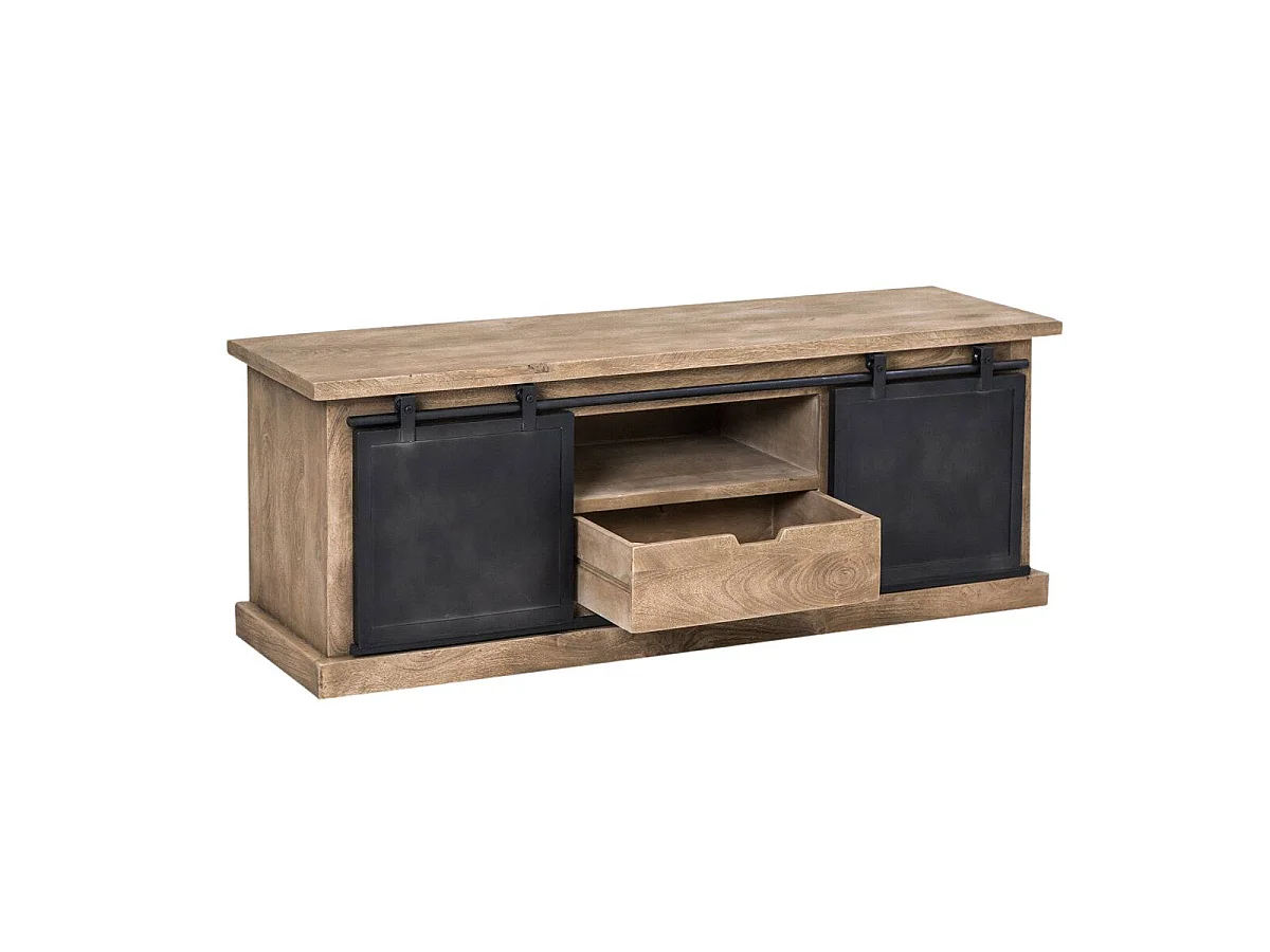 Meuble TV en bois de manguier brossé et métal noir 150 cm Helsinki