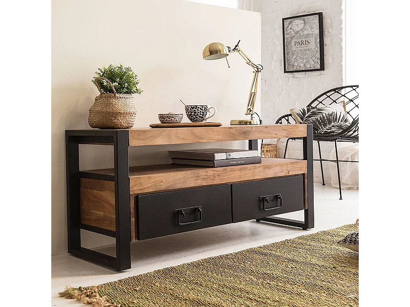 Mueble de TV de madera de acacia de 112 cm con almacenamiento y diseño único estilo industrial
