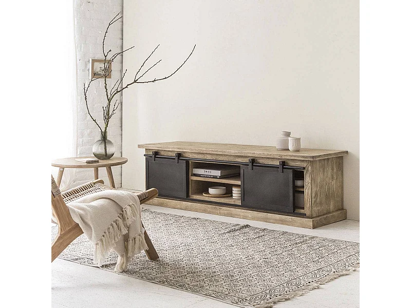 Mueble TV industrial de madera de mango cepillado y metal con puertas correderas - Helsinki 160 cm
