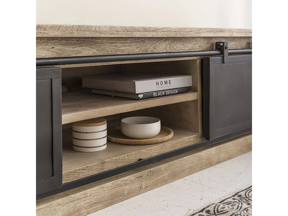 Meuble TV en bois de manguier brossé et métal 160 cm Helsinki
