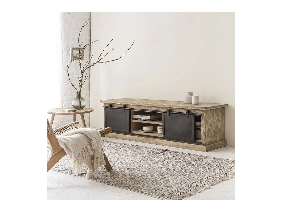 Meuble TV en bois de manguier brossé et métal 160 cm Helsinki
