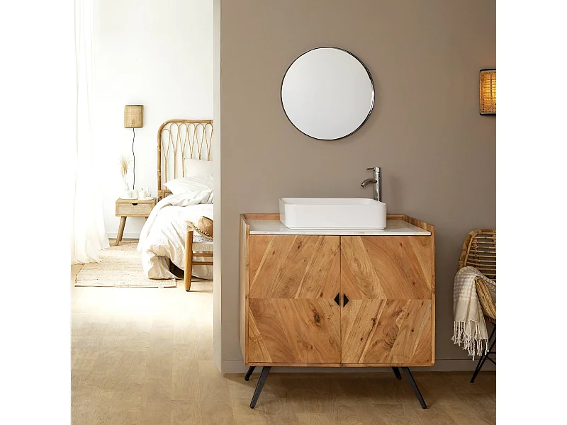 Mueble de baño de madera de acacia y mármol Aloé con almacenamiento