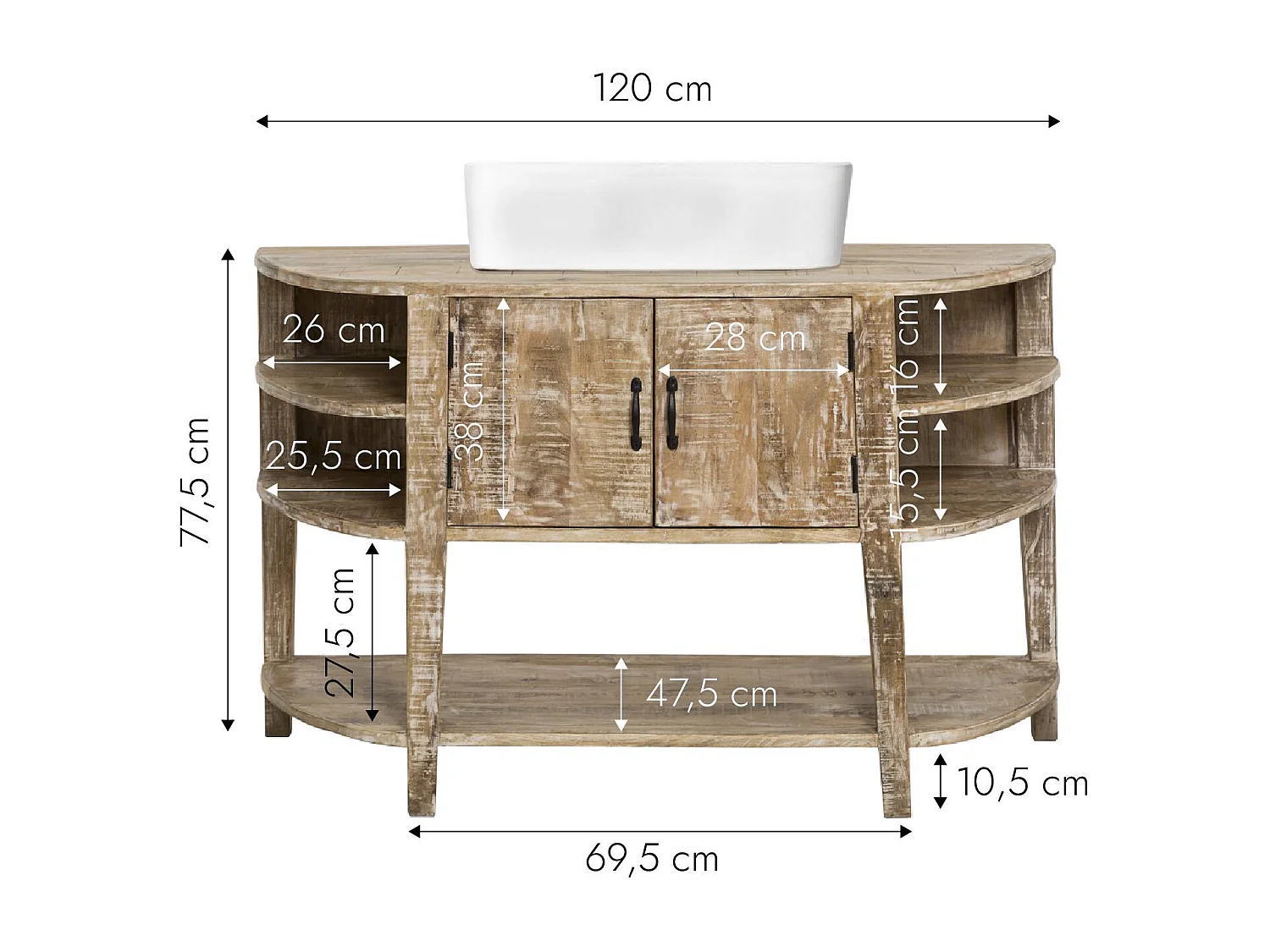 Mueble de baño de madera de mango blanqueado Sienna con 5 estantes y amplia superficie