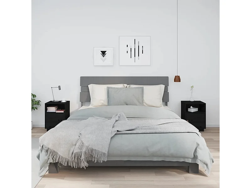 2 pz Comodini Neri 40x34x55 cm in Legno Massello di Pino CFW418730