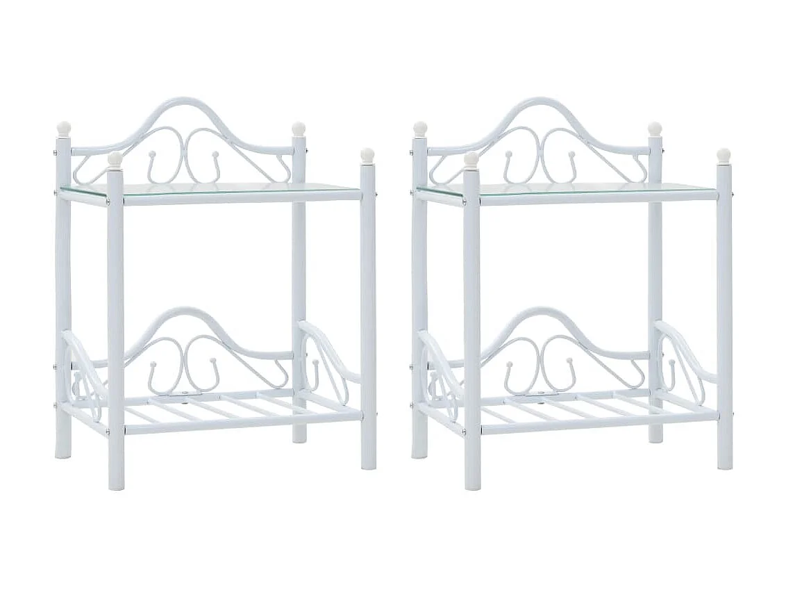 2 pz Comodini Set Acciaio e Vetro Temperato 45x30,5x60cm Bianco CFW962238