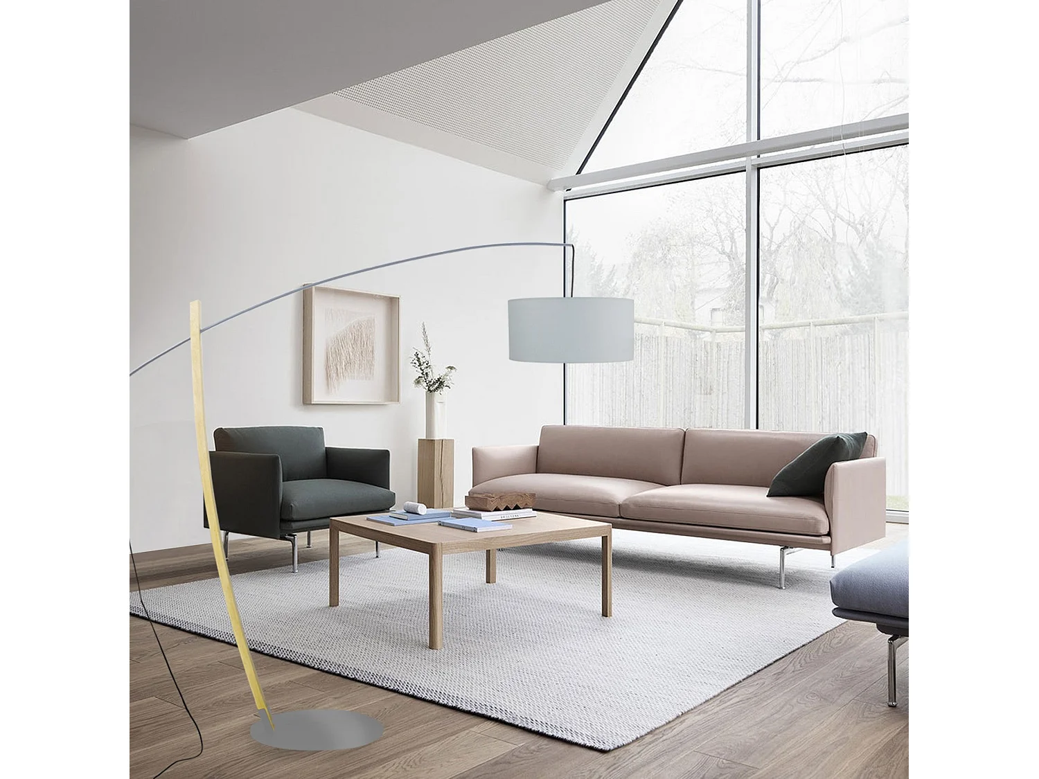 Lampadaire arqué bois  naturel gris 190 cm.