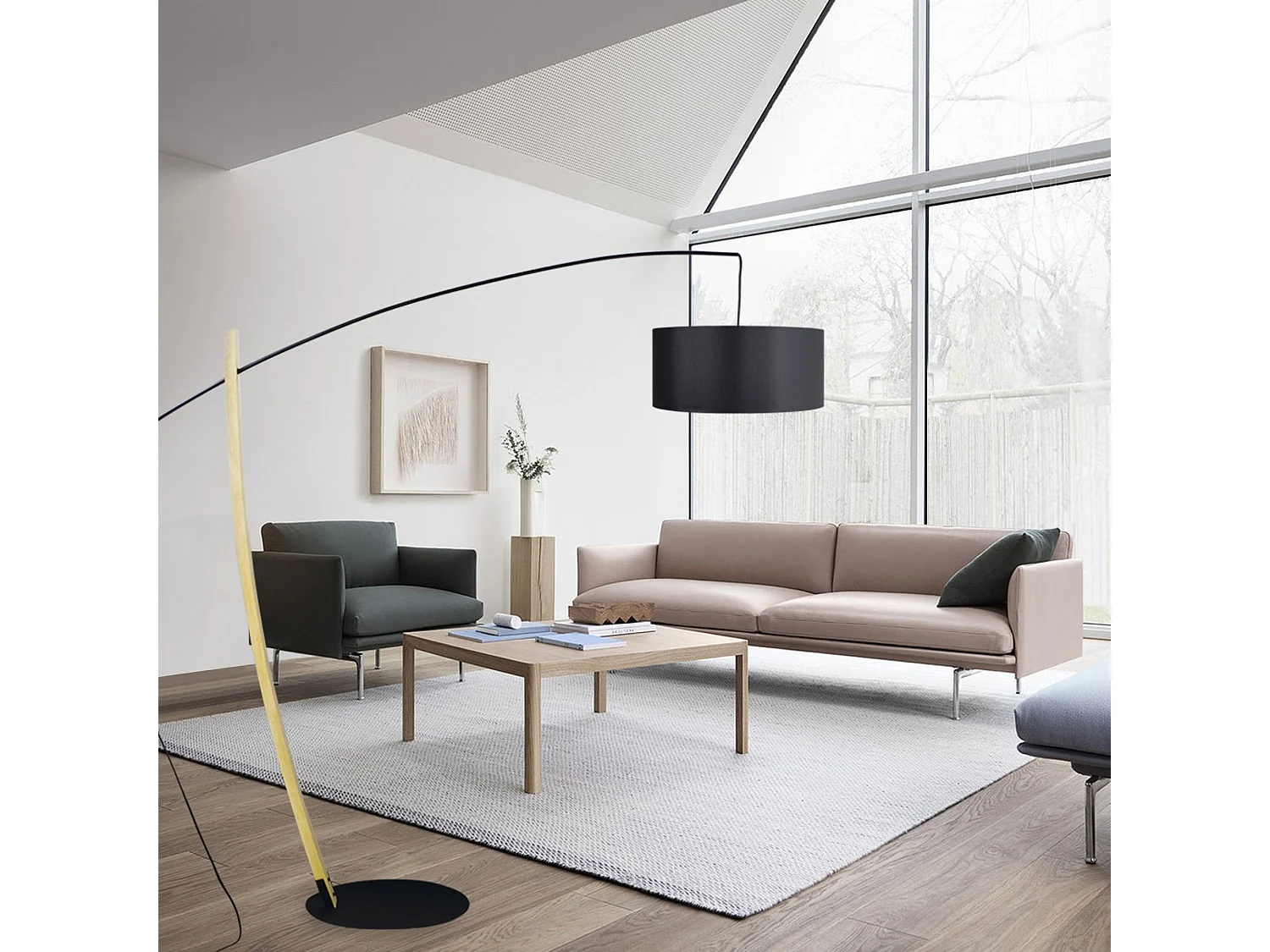 Lampadaire arqué bois  naturel noir 190 cm.