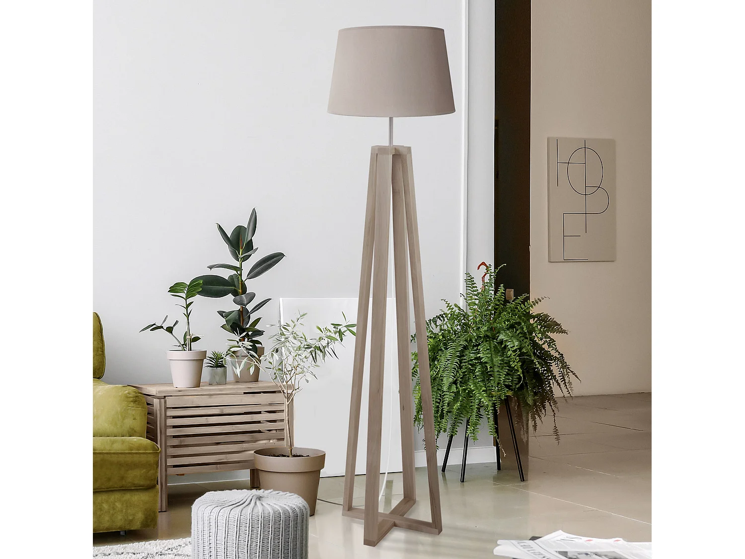 Lampadaire , colonne bois  blanc 154 cm.