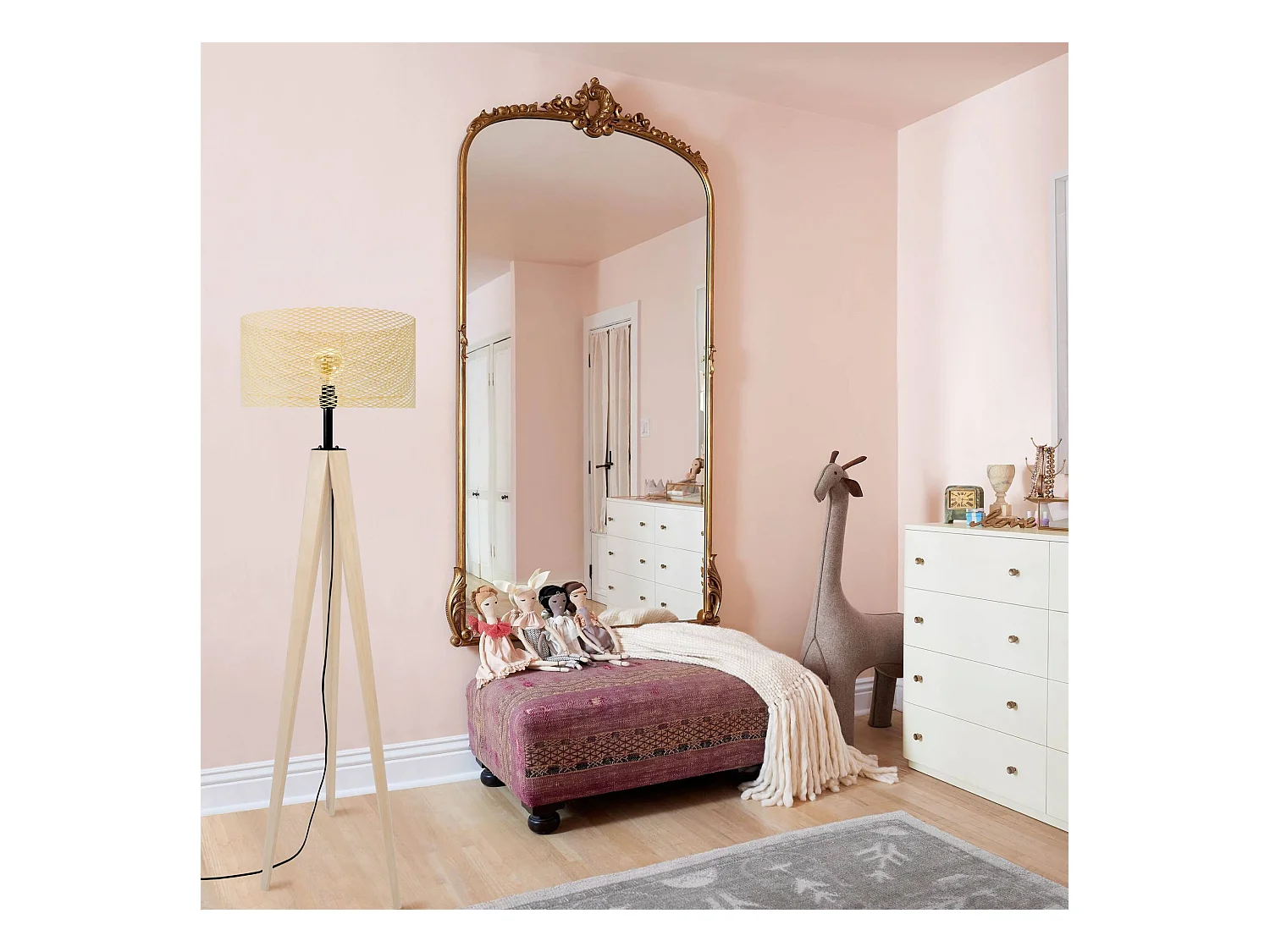 Lampadaire trépied bois métal jaune 160 cm.