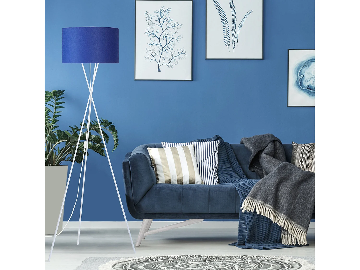 Lampadaire trépied métal, blanc,bleu 155 cm.