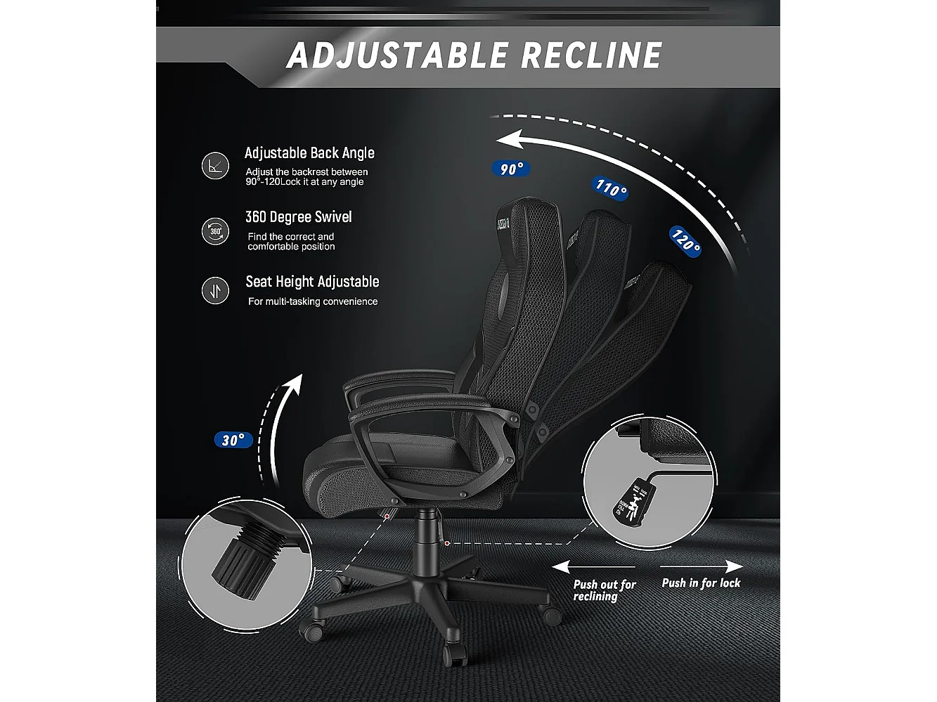 Chaise de jeu en cuir PU avec appui-tête, hauteur réglable et pivotant à 360 ° pour Gamer Office